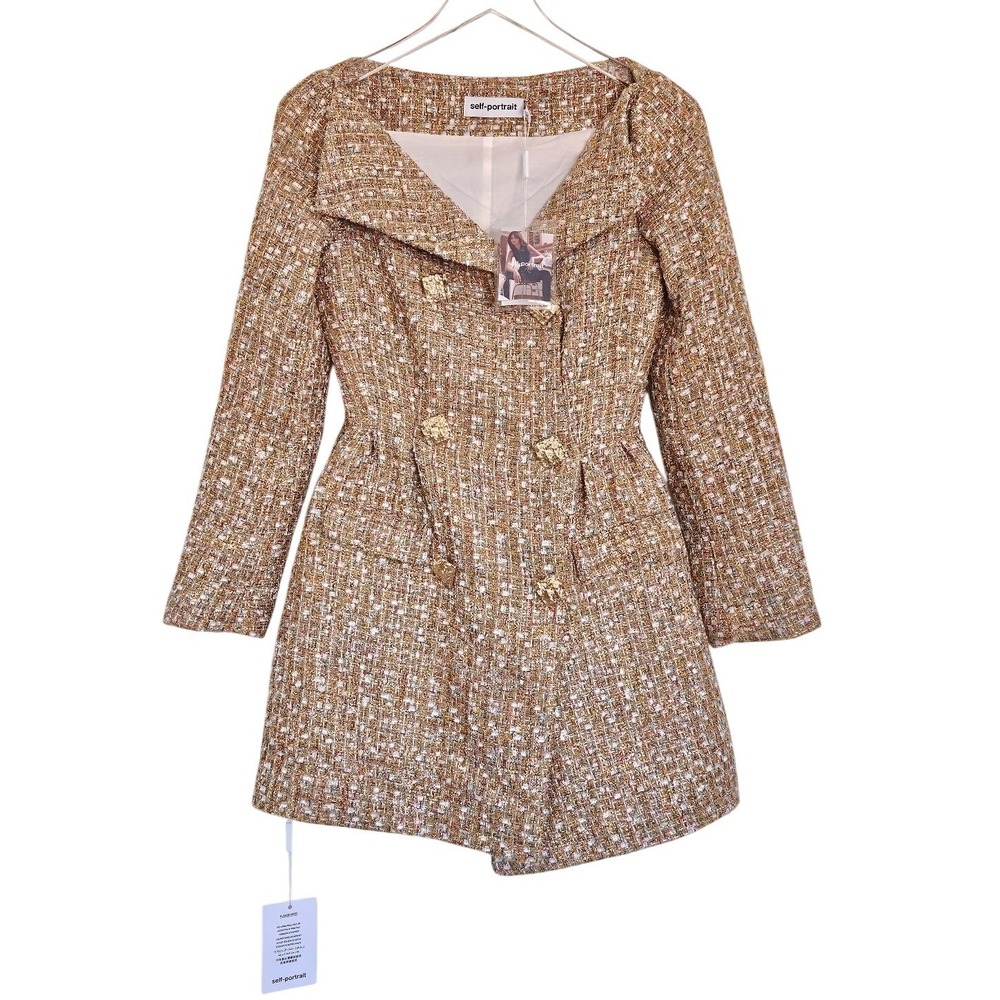 Self Portrait Gold Tinsel Boucle Off Shoulder Mini Dress US 2 UK 6 NEW Regal - Picture 4 of 12